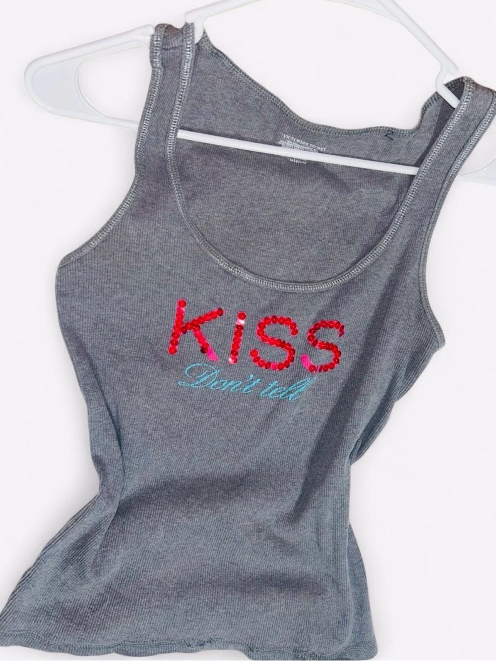 Victoria's Secret Gray Tank Top with Sequin Kiss Don’t tell design